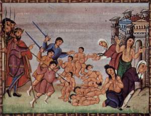 10th century image of the "Massacre of Innocents" from Matthew 2:16-18. Liberal critics suggest that the incident is fictional, used for theological purposes only, considering no source outside of Matthew mentions it. However, many evangelical scholars argue that popular depictions of hundreds of infants being murdered are way overblown. Bethlehem was a small town, not big enough to have a Walmart. Though still tragic, estimates are that no more than a dozen or two infants were killed, a minor event in a  violent age that may not have received secular notice.