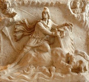 Roman bas relief from 2nd or 3rd century depicting Mithras, a central figure of the "Mystery Religions" of the early Christian era, killing a bull.